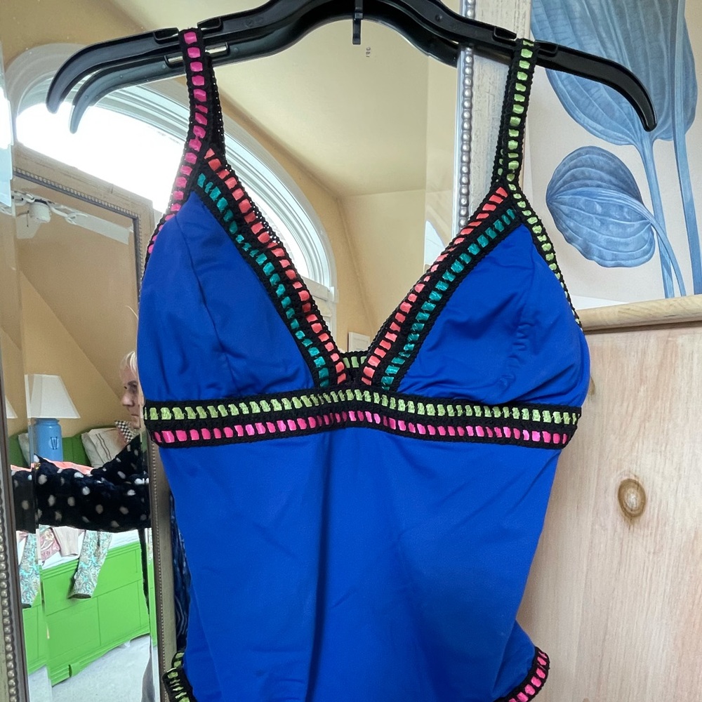 Women’s Blue Tankini One-Piece with Multicolor Trim